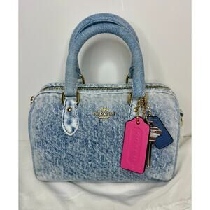 NWT Coach Mini Rowan Loved Denim Bag Blue Satchel Key Charm CZ083